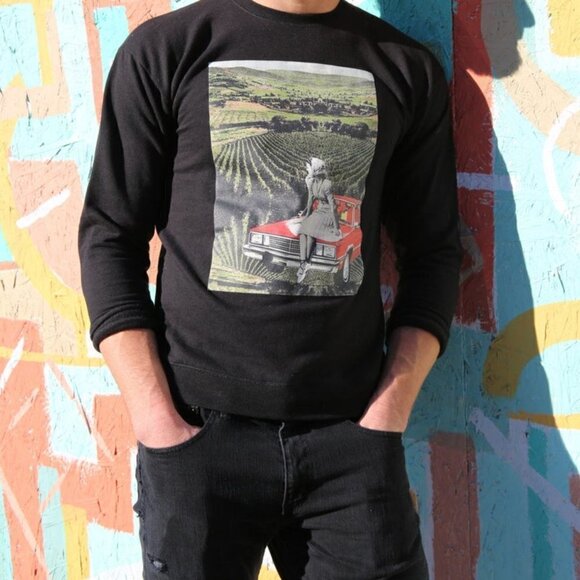 Graphic Tee Black Original Artist Design Collage Print Scenic Retro Handmade - Picture 10 of 11